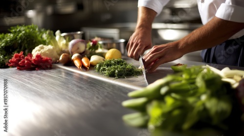 Chef chopping fresh herbs on a stainless steel counter surrounded by colorful vegetables in a professional kitchen.