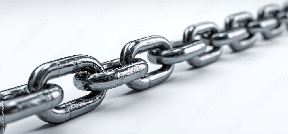 Obraz premium Close-up metallic chain links on a clean white background, extending into the distance