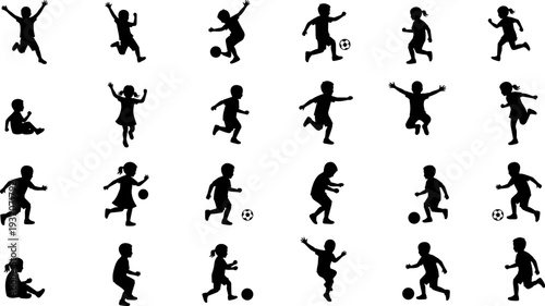 Kids playing silhouettes set children running jumping soccer activities happy childhood playful boys girls isolated black icons flat vector illustration