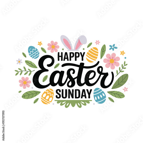 Happy Easter Sunday Bunny and Colorful Egg Hunt Vector Illustration