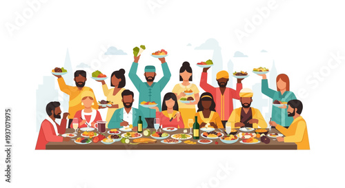 Multicultural Diverse Group Celebration Dining Together. Large Community Gathering Sharing a Festive Dinner or Holiday Feast. Vector Illustration.