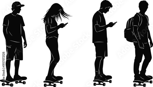 Black silhouette collection of young men and women on skateboards with backpacks and smartphones isolated on white background.