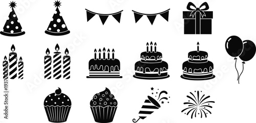 Black silhouette icon collection of birthday celebration elements including party hats cakes cupcakes candles balloons gifts and festive bunting.