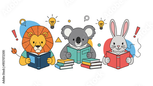 Cute cartoon characters of a lion, a koala, and a rabbit sit together while focused on reading their own colorful storybooks in a row.