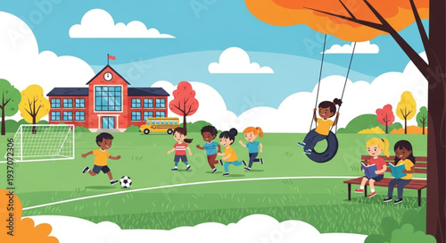 Children Playing in Park with Swing and Playground Equipment.