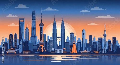 Modern City Skyline with Tall Skyscrapers and Iconic Landmarks.