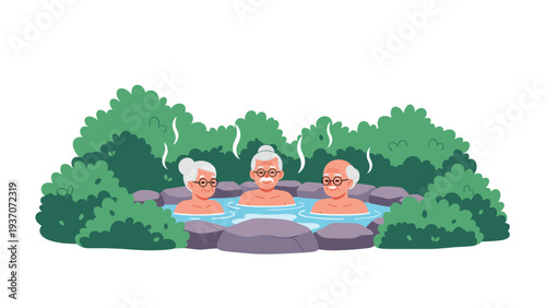 Happy group of senior citizens enjoying a communal soak in an outdoor thermal hot spring bath surrounded by lush green bushes for wellness.