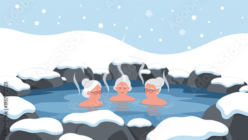 Senior women with grey hair enjoy a relaxing soak in a steaming outdoor hot spring surrounded by snow-covered rocks and falling snowflakes.
