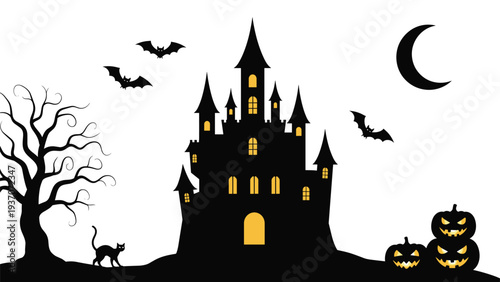 Spooky silhouette of a haunted castle with glowing yellow windows featuring bats, a bare tree, a cat, and jack-o-lanterns for Halloween.