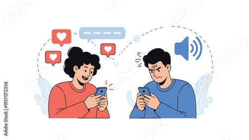 Happy woman receives social media likes on her phone while a frustrated man nearby reacts to loud noise or unpleasant content online.