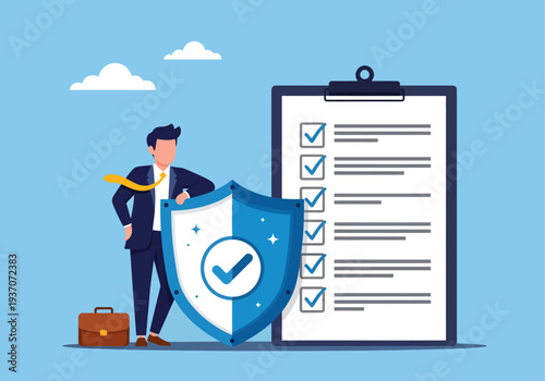 A confident businessman in a dark suit stands next to a giant blue shield and a completed checklist on a massive clipboard, symbolizing ultimate corporate security, compliance, and guaranteed success