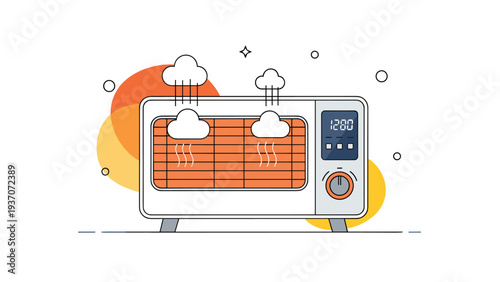 Electric toaster oven with glowing heating elements and cloud icons above it representing the concept of drying damp items or heating.