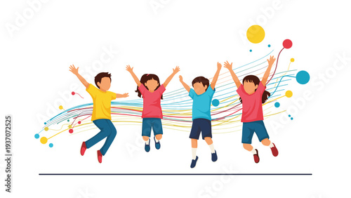 Four happy children jump in the air with their arms raised high celebrating joyfully against a vibrant background of colorful lines.