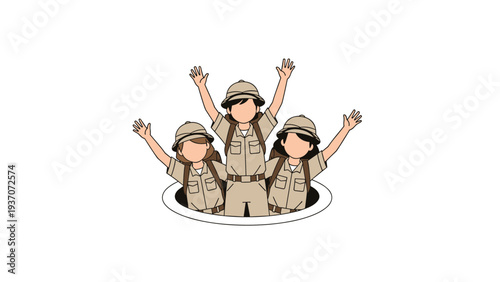 Group of three young children dressed in tan explorer outfits with hats emerge from a round hole and wave their hands enthusiastically.