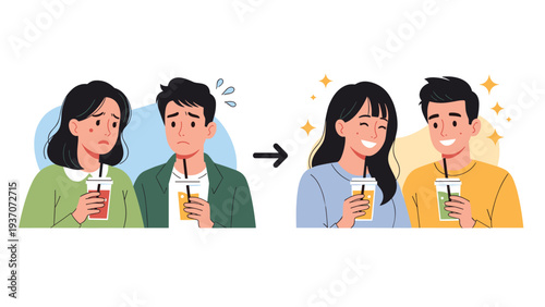 Illustration showing a transformation of a couple from feeling sad and unwell while drinking to being happy and energetic with sparkles.