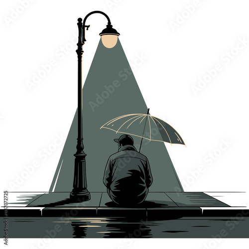 A man sits alone under a street light with an umbrella at night