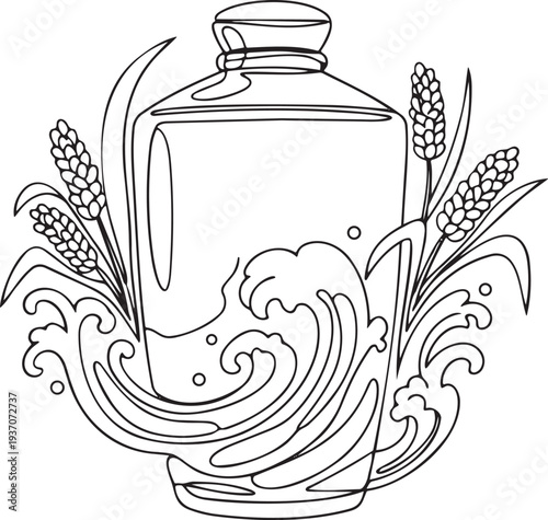 Glass bottle with ocean waves and wheat grain in continuous one line drawing. Traditional alcohol beverage in simple linear style. Drink menu in editable stroke. Doodle oneline vector art.