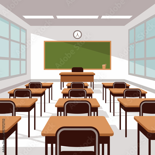 A classroom interior with desks and chairs in a modern school