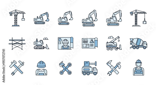 A comprehensive vector icon set depicting various construction equipment, tools, and workers with blue and grey color accents.