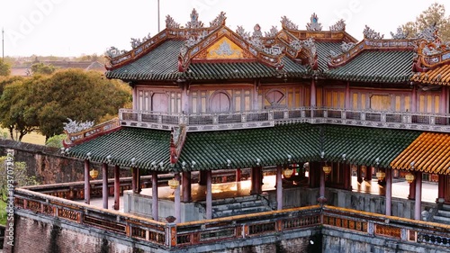 Imperial city of hue aerial view showing the forbidden purple city and ancient royal palaces in vietnam. Unesco world heritage site landmark