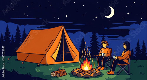 Two People Sitting by Campfire Near Tent at Night.