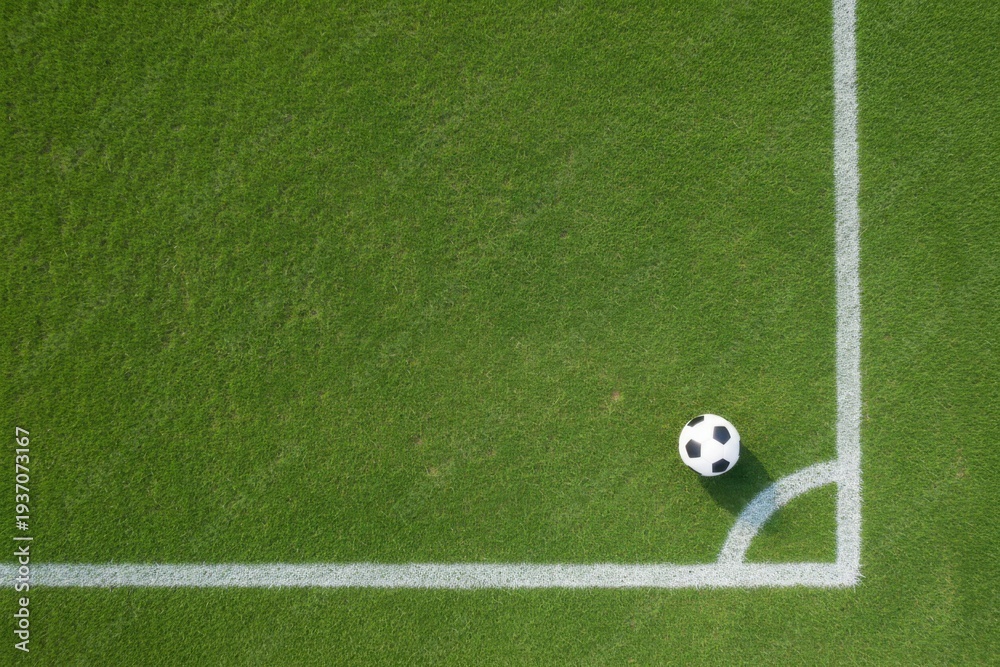 Obraz premium Soccer ball near corner line on green field, top view