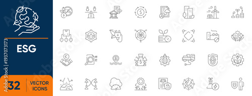 ESG Sustainability Icon Set. Containing environmental, Social, Governance, Corporate, Responsibility, Green and more. Editable vector Line icons collection.