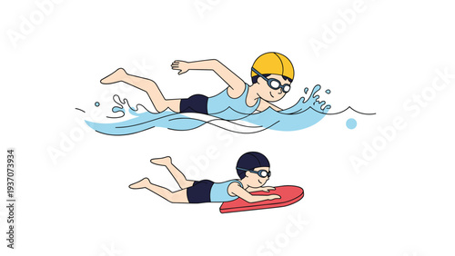 Two boys of different ages swimming in a pool, one using a red kickboard and the other swimming freestyle, showing outdoor swimming lessons.