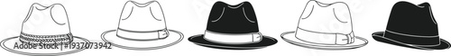 Collection of Classic Fedora and Trilby Hat Vector Icons in Black and White Outline and Solid Styles for Fashion Design Gentlemen Apparel and Vintage Headwear
