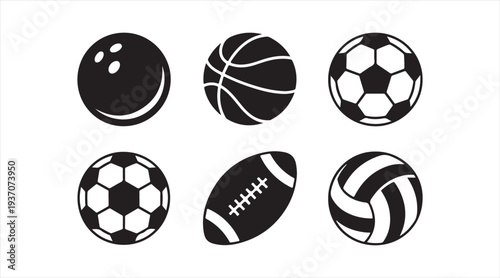 Minimal sports ball icon set isolated in black style for athletic competition graphics