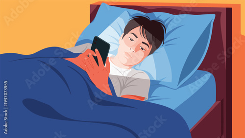Young man using a smartphone in bed at night, highlighting the common issue of excessive screen time before sleep and blue light exposure.