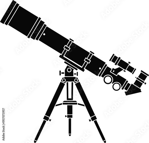 Black silhouette icon of a modern astronomical refracting telescope on a sturdy tripod stand isolated on a white background.