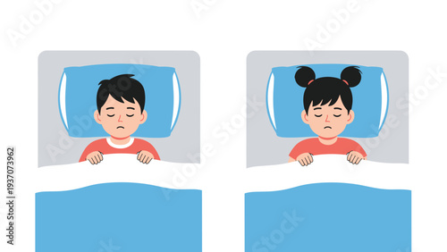 Boy and girl sleeping peacefully in their separate beds, illustrating healthy sleep habits for children and adequate rest for kids growth.