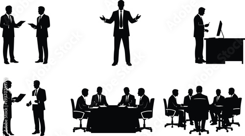 Business people silhouettes collection with office meeting discussion presentation and teamwork poses, corporate professionals communication concept vector isolated on white background