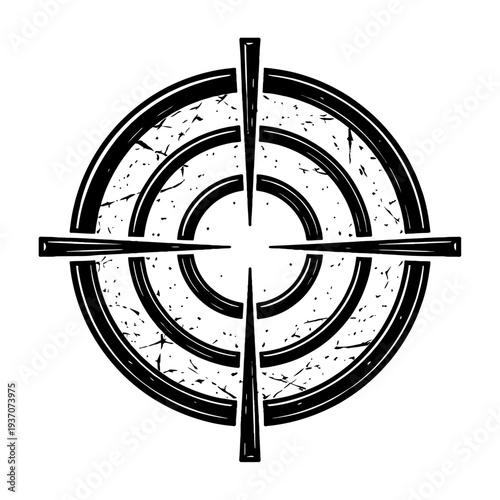 Distressed grunge crosshair target vector illustration, hand-drawn aiming reticle icon with vintage black and white texture and rough distressed details, perfect for military and shooter games art.