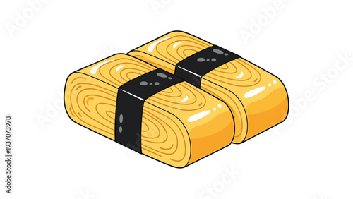 Illustration of two pieces of tamagoyaki or Japanese rolled omelette with a strip of nori seaweed, a traditional side dish for breakfast.