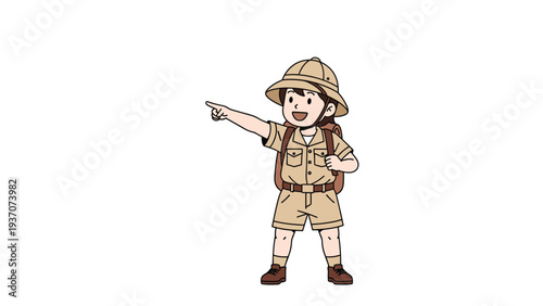 Young girl explorer in a safari outfit pointing at something distant, representing curiosity and the spirit of adventure in small kids.