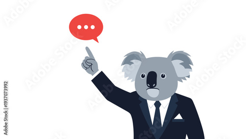 Koala businessman in a professional suit pointing up at a red speech bubble, symbolizing expert professional advice or business communication.
