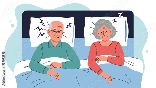 Elderly couple struggling to sleep in bed because of loud snoring, highlighting a common sleep problem and relationship issues for seniors.
