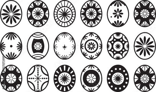 Black and white geometric patterns on oval shapes arranged in a grid