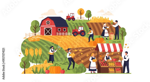 Vector Illustration of Farm Harvest Day: Farmers Working in Fields, Red Barn, Tractor, and Local Produce Market Stand.