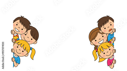 Diverse group of children peeking from both sides of white space, ideal for message boards, school posters, and cute greeting cards.