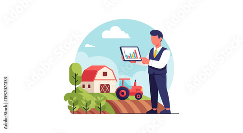 Smart Farming Data Analysis Concept: Farmer Manager Using Tablet to Track Agricultural Growth and Financial Stats. AgriTech Illustration.