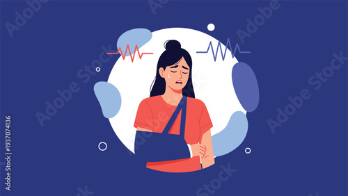 Young woman with her arm in a sling looking unhappy and feeling pain, symbolizing injury, physical trauma, and the long recovery process.