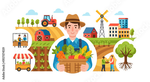 Farmer Holding Fresh Produce Basket in Community Farming and Local Food System Ecosystem Illustration