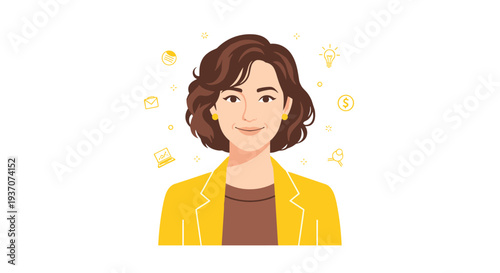 A smiling professional woman with business icons around her.