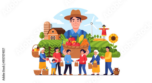 Local Farmer Sells Fresh Produce to Community and Families at the Market. Organic Agriculture and Harvest Illustration.