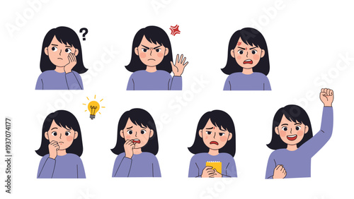 Set of illustrations showing a young woman with various facial expressions and gestures, representing different human emotions and reactions.
