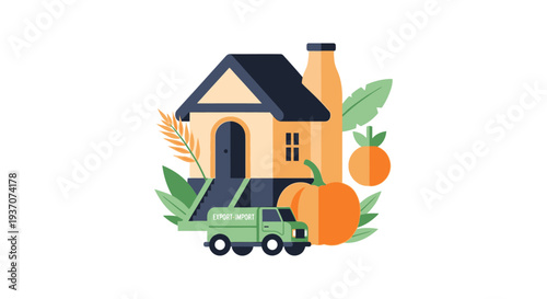 Flat illustration of food logistics, export-import transport truck delivering farm produce (pumpkin, grain, fruit) to a local business or house.