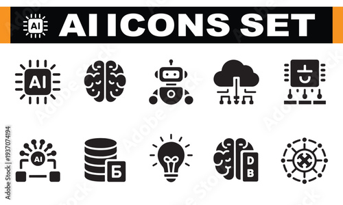 A set of black and white AI icons on a clean white background for technology and design use